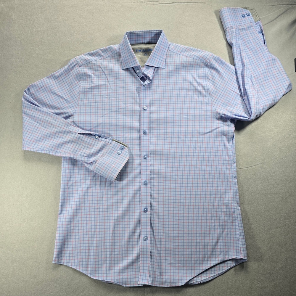 Twillory Performance Dress Shirt 16.5 34/35 Tailored Fit Blue Pink Check Mens